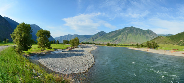 巴什考斯河在阿尔泰山脉的群山之间流淌。阿尔泰共和国，西伯利亚，俄罗斯图片下载