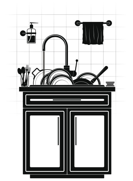 厨房水槽里堆着一堆没洗过的脏盘子。盘子，平底锅和煎锅。瓷砖墙壁和厨房家具。图片下载