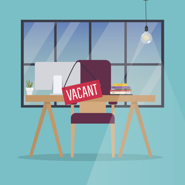 职位空缺的信息。办公桌，椅子，电脑和空的标志挂在上面。企业招聘和招聘理念。图片下载
