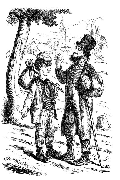 两个男人在大自然中交谈。背景是有教堂的小镇——1867年图片下载