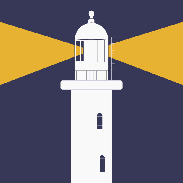灯塔或灯塔在晚上平坦风格的矢量图标。图片下载