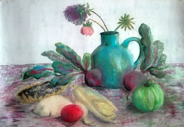 粉彩花瓶和蔬菜的静物画，秋收图片下载