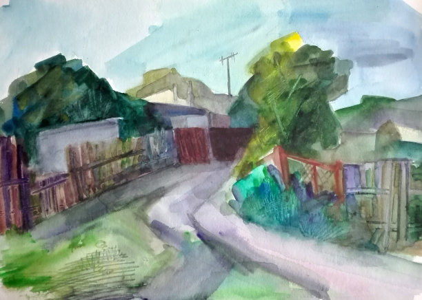 水彩画，带有乡村道路和房屋的乡村风景图片下载