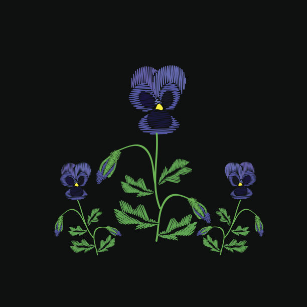 刺绣的牛仔裤。光滑。带花蕾的蓝色三色堇。花朵图案。传统民间装饰。矢量插图上的黑色背景图片下载