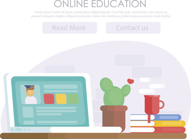 在线教育的旗帜。电脑桌有笔记本电脑，仙人掌，咖啡，窗口用户图片下载