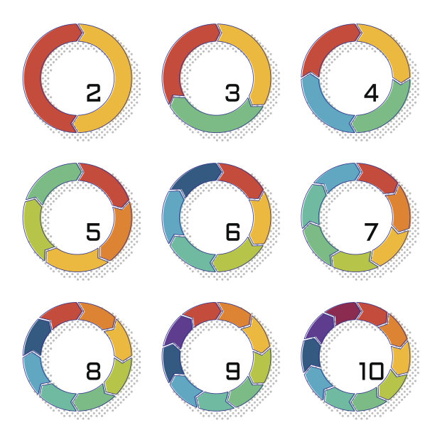 一套饼图与过渡箭头形式，位移的轮廓和半色调阴影。彩色元素的信息图。向量图片下载