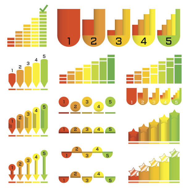 一套不同寻常的风格的直方图:箭头，指针，列，球。图形模板。色彩斑斓的图表元素。向量图片下载