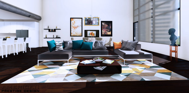 城市中的现代客厅3D渲染图片下载