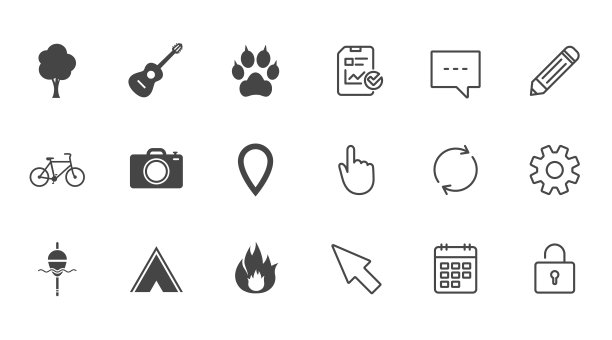 旅游、野营图标。钓鱼，火和自行车。图片下载