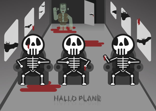 骷髅坐在飞机房间的椅子上与弗兰肯斯坦在万圣节的概念。图片下载