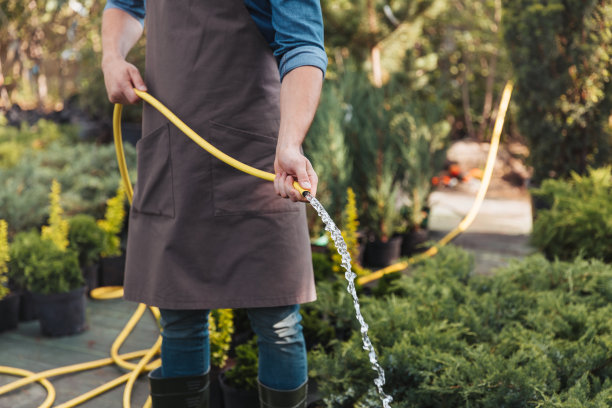 部分视图的园丁浇水植物与洒水车在花园图片下载