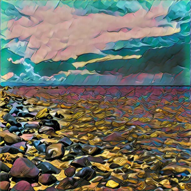 沙漠热带岛屿的岩石海滩。蓝色和黄色的漫画海景。图片下载