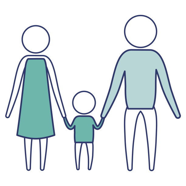 彩色蓝色的剪影部分象形文字父母与一个小男孩手牵着手图片下载