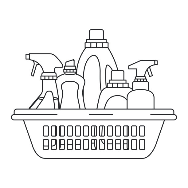 单色剪影的清洁产品在塑料篮子图片下载