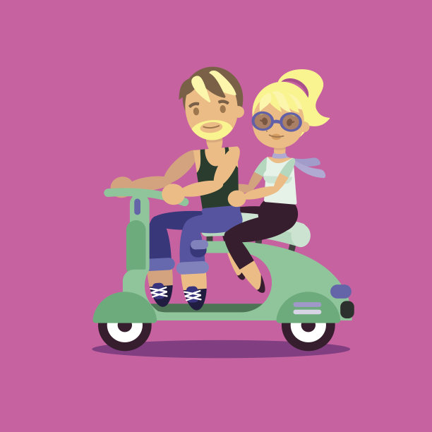 夫妇在摩托车上。时髦的公寓风格。图片下载