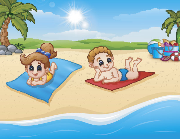 孩子们在沙滩垫子上晒日光浴图片下载