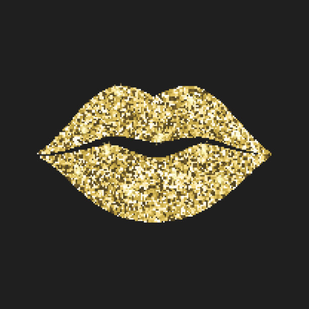 唇图标与闪光效果，孤立在黑色背景。嘴的轮廓图标，矢量象形图。从金色的颗粒尘埃中，亲吻的象征图片下载