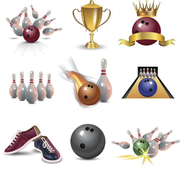 真实的保龄球图标设置孤立的白色背景。保龄球用球击打图片下载