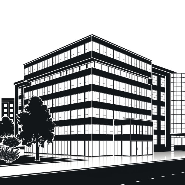 剪影办公大楼与入口和反射图片下载