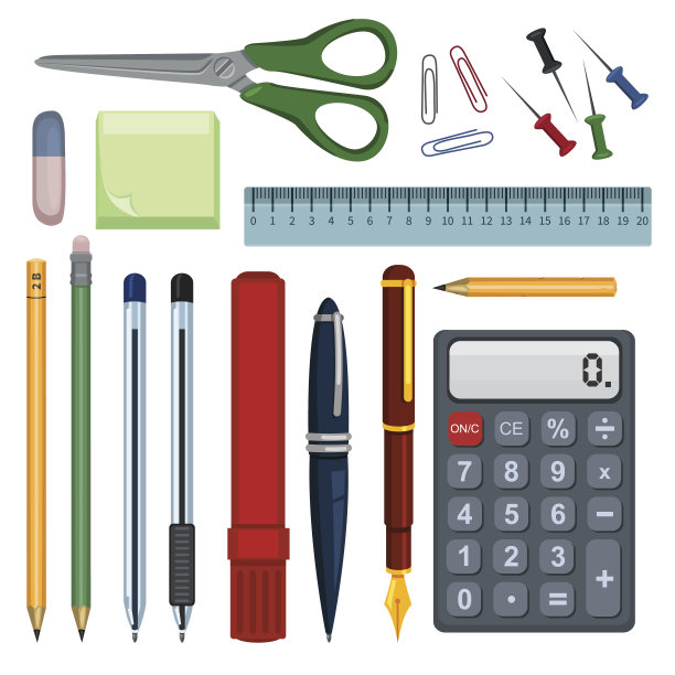 矢量组的平面颜色文具用品学校和企业图片下载