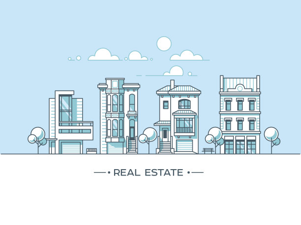 城市景观。房地产与房屋建筑的经营理念。行风格。矢量插图。图片下载