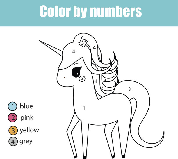 用独角兽字符着色页。用数字着色教育儿童的游戏，画画儿童的活动图片下载