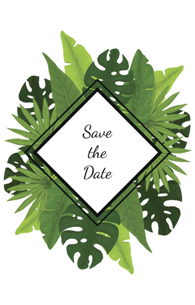 带有热带树叶的婚礼日期卡片素材图片