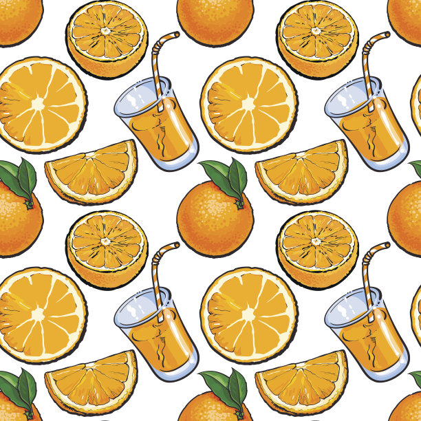 无缝图案，橙汁背景设计，素描插图图片下载