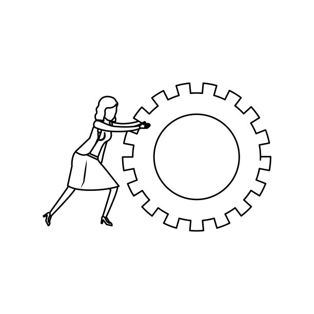 白色背景与黑白女商人推动一个大齿轮齿轮图片下载