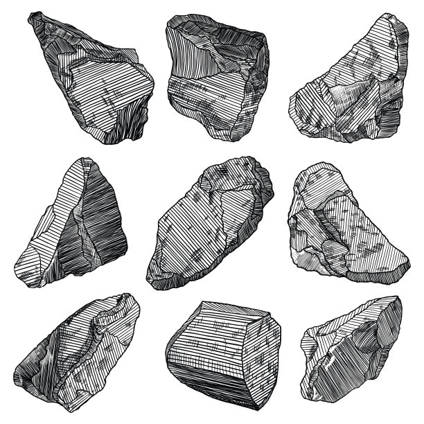 金石或金块。石头金属小球瓦砾。不同形式和形状的魔法晶体。地球魔法神圣元素。向量。图片下载