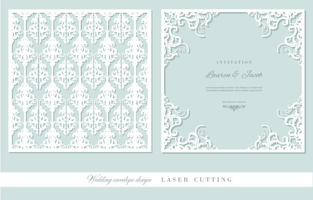激光切割框架和锦缎面板集。方形细丝镂空信封设计。正面和背面。柔和的蓝色和白色。图片下载