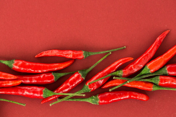 红辣椒，流行的香料概念-美丽的拼贴均匀分布的红辣椒豆荚在红色的背景，俯视图，平坦的lay，为你的文字自由空间图片下载