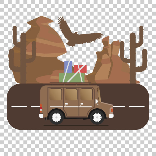 旅游车露营地景观。高山、沙漠、仙人掌、雄鹰和道路。矢量插图在平面风格。图片下载
