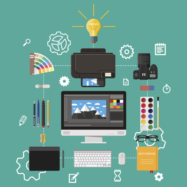 设计师工作。Illustrator桌面工具素材图片