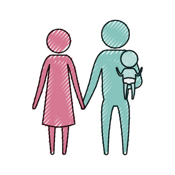 彩色蜡笔剪影象形夫妇带着一个小男孩图片下载