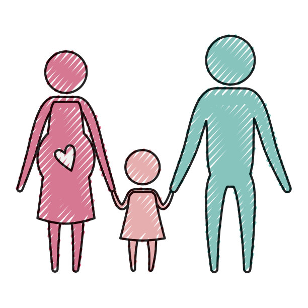 彩色蜡笔剪影象形夫妇与母亲怀孕和小女孩手牵手图片下载