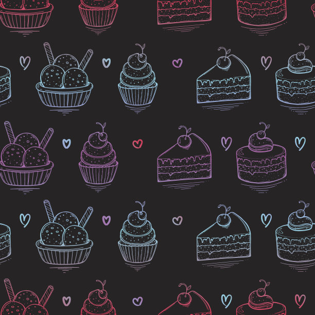 无缝甜点彩色图案上的黑色背景，手绘图片下载