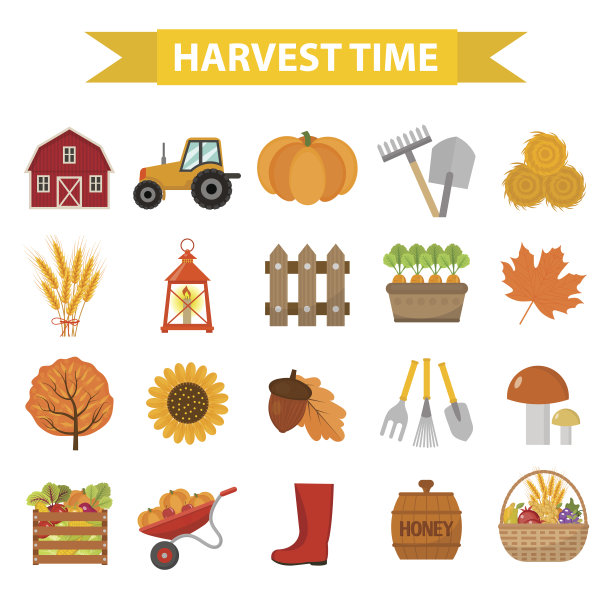 秋收时的图标设置平卡通风格。收集设计元素。农场，感恩节概念，黑话文化。孤立在白色背景上。矢量图图片下载
