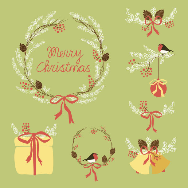 可爱的复古手绘圣诞花环收集图片下载