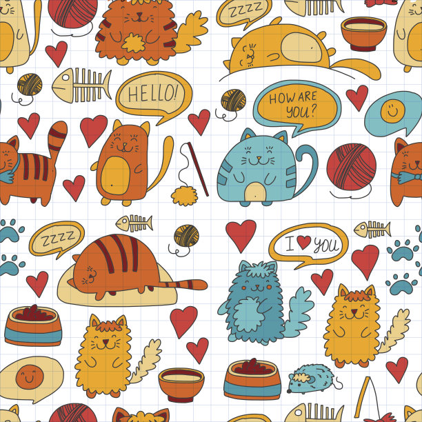 可爱的涂鸦猫，小猫家猫向量集可爱的小猫为宠物店，猫，兽医诊所无缝图案为横幅，海报，纺织品儿童儿童绘画幼儿园图片下载