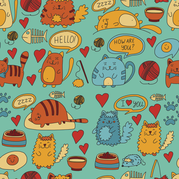 可爱的涂鸦猫，小猫家猫向量集可爱的小猫为宠物店，猫，兽医诊所无缝图案为横幅，海报，纺织品儿童儿童绘画幼儿园图片下载