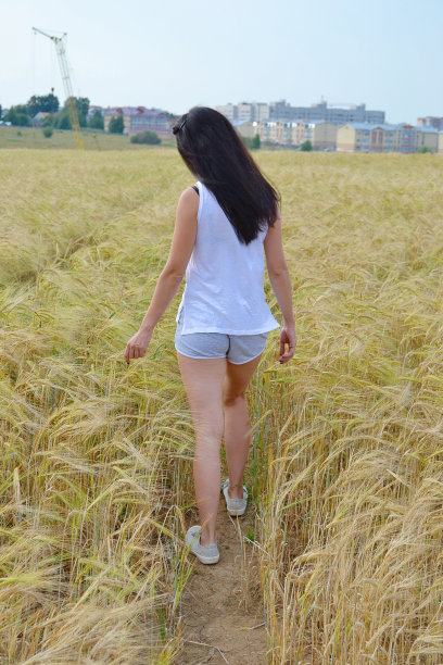 在田野上行走的女人图片下载