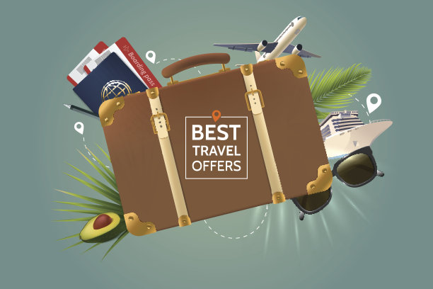 最佳旅游服务概念。复古棕色旅行箱背景下的旅游属性。飞机、护照、机票、太阳镜、棕榈叶和游轮。矢量插图。每股收益10图片下载