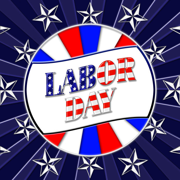 劳动节快乐，3D，明亮闪亮的红色，白色和蓝色的文字，白色的星星在深蓝色的背景。图片下载