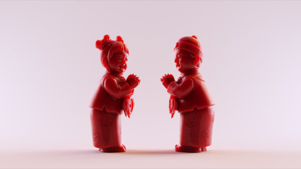 男孩和女孩雕像互相祝愿春节快乐图片下载