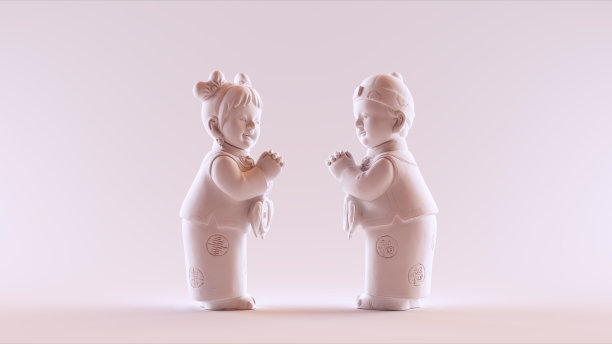 男孩和女孩雕像互相祝愿春节快乐图片下载