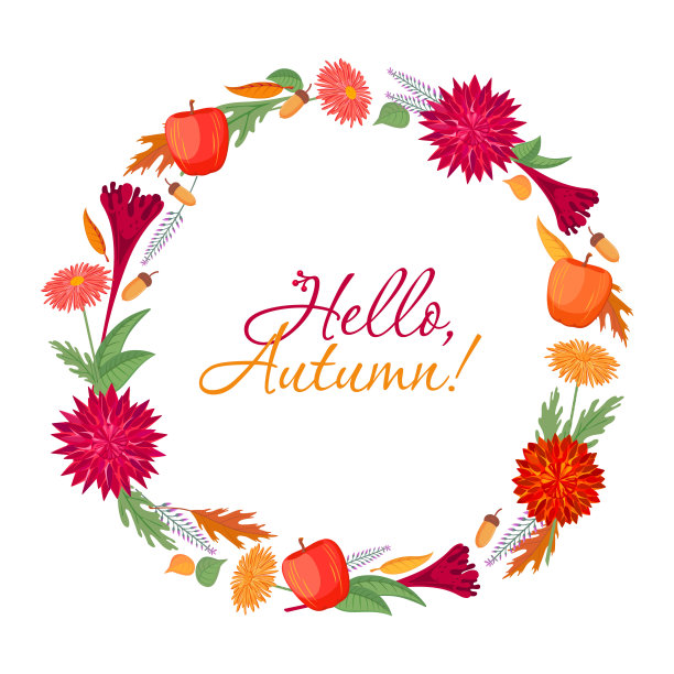 图文集-彩色秋圆框，花，植物，果实，题词-你好，秋天!羊毛花，菊花，大丽花，苹果，橡树叶，橡子，矢量图，孤立的背景。图片下载