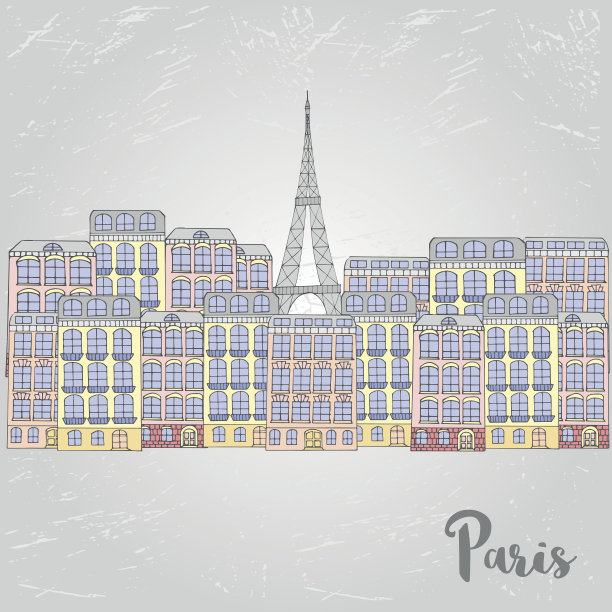 矢量城市旗帜与建筑和埃菲尔铁塔的明信片图片下载