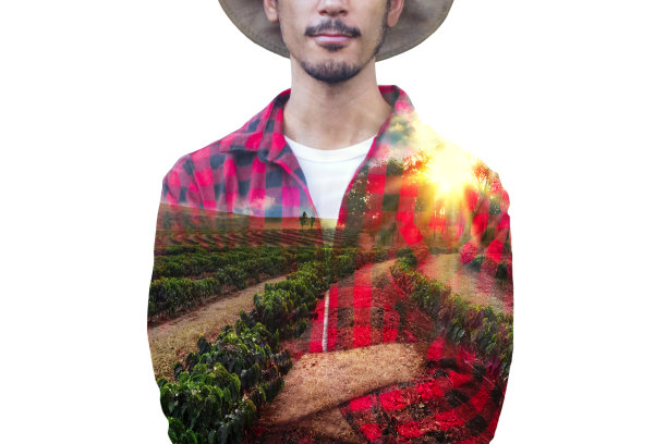 农民形象的概念。农民和种植园双重曝光图片下载