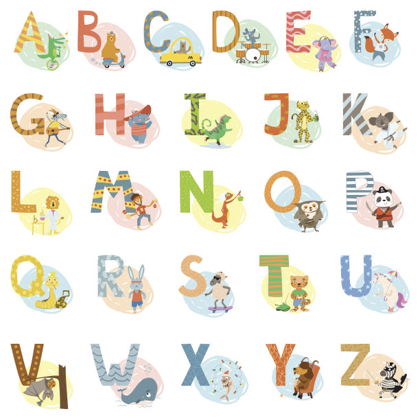 卡通矢量手绘动物英语语言字母素材图片